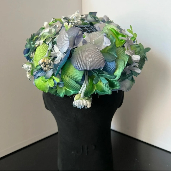 Elegant Vintage Modern Miss Blue Green Floral Pillbox Hat - Picture 4 of 12